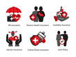 Six insurance icons in red and black as life insurance, parents health insurance, invalidity insurance