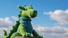 Incredible Knitted Dragon On Green Hill And Blue Sky AI Generated