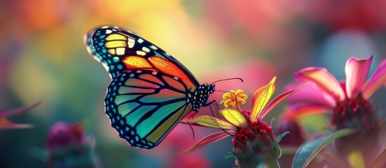 Sticker - Vibrant and Colorful Butterfly Rests on Beautiful Flower, Creating a Stunning Display of Colorful Butterfly and Flower Harmony