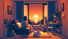 Young Girl In The Living Room Of Her Apartment Sitting In Front Of The Window Looking At The Landscape With Cat Lying Comfortably Near Her, The Atmosphere Of The Sunset In A Cozy Home Environment.