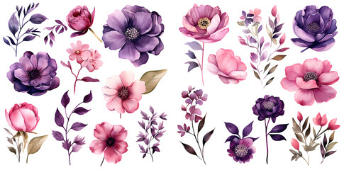 watercolor dark violet and pink floral clipart for graphic resources