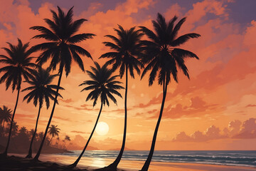 Wall Mural - Sunset on the beach, cloudy sky with silhouette of palm trees illustration