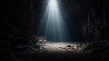 Fototapeta Do przedpokoju - Mysterious dark cave with light rays coming from the end. 3D rendering Generative AI