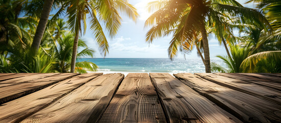 Wall Mural - Wooden deck with a sea background, overlooking the beach and ocean. A tropical wooden deck extends into the seafront at the beach, complemented by a backdrop of the ocean and palm trees.