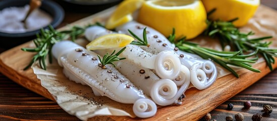 Sticker - Raw squid with lemon and rosemary on a wooden table.