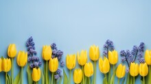 Yellow Tulips And Hyacinths On Blue Background With Copy Space Generative AI