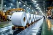 Large rolls of thermal paper produced in a mill factory. Thermal paper manufacturer