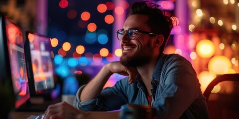 Wall Mural - Close up shot of a smiling creative digital marketer, surrounded by glowing screens displaying successful e-commerce campaigns