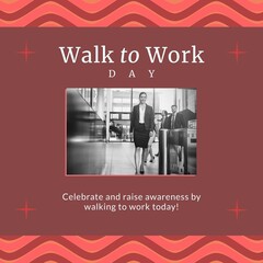 Canvas Print - Composition of walk to work day text over diverse business people at office on brown background