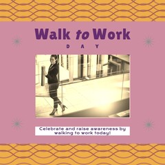 Sticker - Composition of walk to work day text over caucasian businesswoman at office on pink background