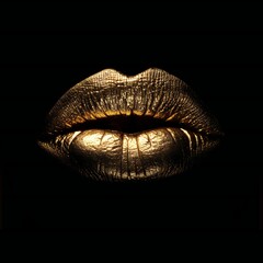 Abstract gold lips. Golden lips closeup. Gold metal art lip. Beautiful makeup. Golden lip gloss on beauty female mouth, closeup. Mouth Icon isolated on black