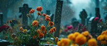 Rainy Weather On All Saints' Day Moistens The Flowers On Graves In The Cemetery.