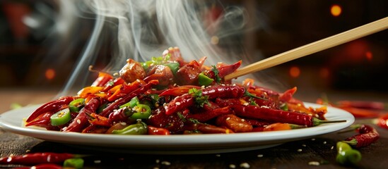 Sticker - Hot Peppers, Chopsticks, and a sizzling plate of fiery delight: A Hot Peppers Bonanza with Chopsticks on a Plate