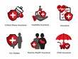A set of 6 medical icons as critical illness insurance, invalidity insurance, insurance