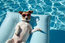 Jack Russell Dog In Sunglasses Chilling On An Inflatable Mattress In Water By The Sea Or Swimming Pool In Summer Holiday Vacation