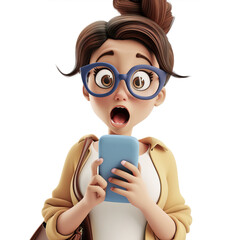 Wall Mural - The girl looks at her smartphone in surprise. 3D style.
Isolated on the white background