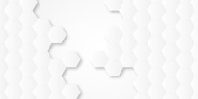 Abstract 3d Background With Hexagons Pattern With Hexagonal White And Gray Technology Line Paper Background. Hexagonal Vector Grid Tile And Mosaic Structure Mess Cell. White And Gray Hexagon.