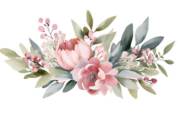 Wall Mural - Watercolor Floral Illustration. Pink Flowers and Eucalyptus Greenery Bouquet Frame