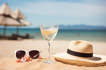 Wall Mural - hat with a exotic cocktail and sunglasses on sand beach