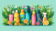 Spring Cleaning concept background with an illustration of colorful detergent bottles and brushes surrounded by green spring season leaves