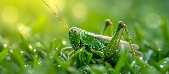 Poster - Vibrant Green Grasshopper on Lush Grass: Insect Encounter in Nature's Green Haven