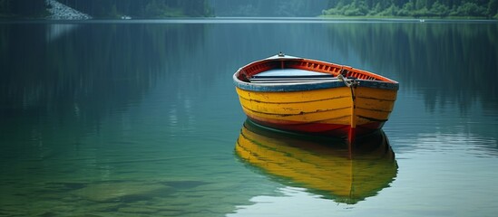 Poster - Stunning Two-Color Rowboat Floating Serenely on a Tranquil Lake - Two, Color, Rowboat, Lake, Two, Color, Rowboat, Lake, Two, Color, Rowboat, Lake