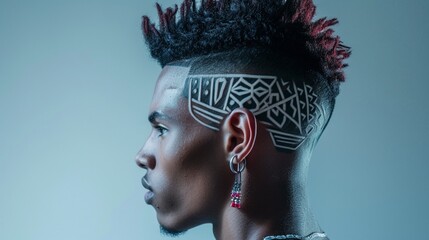 Wall Mural - Men's urban-inspired high-top fade with intricate patterns and designs, showcasing a creative and personalized take on the traditional high-top haircut.