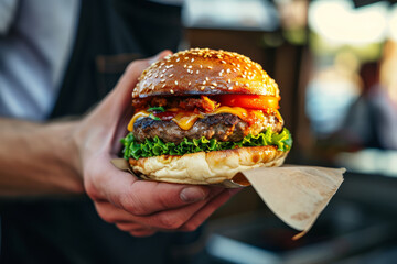 A fast food street food vendor with a freshly made cheeseburger