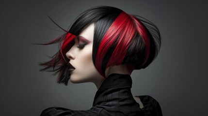 Wall Mural - Women's bold and avant-garde geometric bob haircut with sharp angles and precision cuts, showcasing a high-fashion and artistic approach to hairstyling.