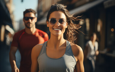 Smiling Caucasian Female athlete running marathon outdoors on the road in the city. Young woman training running in sunshine day