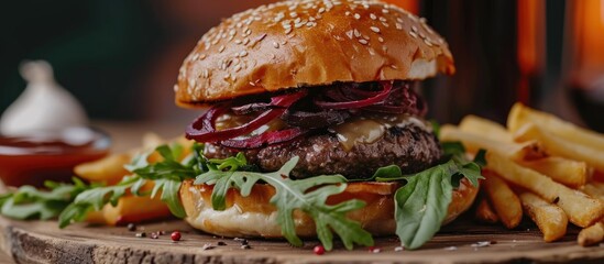 Sticker - Smoky close-up of burger with beef, onions, beetroot, arugula, wasabi sauce, and fries on wooden board. Street-style fast food.