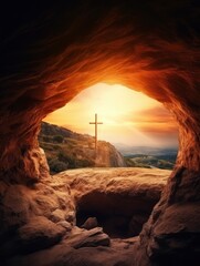 empty tomb with cross on mountain with amazing sunrise. Creative idea Easter. Religion and Christianity. Open empty cave with sunset view. Free copy space - generative ai