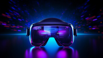 3d 360 vr headset glasses goggles lenses in futuristic neon light, virtual augmented reality innovative party experience digital mobile technology background concept,