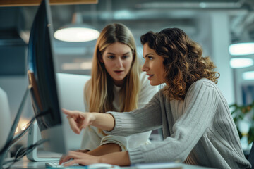 Focused female colleagues working together on a project using a computer in a vibrant office space.