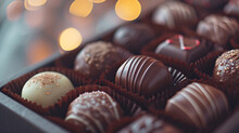 Box Of Assorted Chocolates On Bokeh Lights Background.