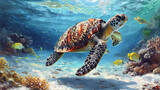 Fototapeta Do akwarium - A graceful sea turtle is swimming near the vibrant coral reef, surrounded by tropical fish, under the glistening sunlit ocean surface.