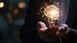 © CrazyJuke - Businessman holding a lightbulb with a glowing virtual brain inside, Ai Generated