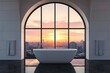 A modern bathroom with an arched window, offering a breathtaking sunset view in the heart of the city. Ai Generated