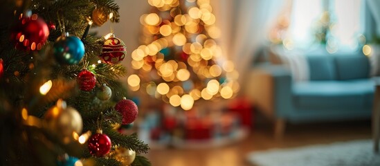 Poster - Vibrant Christmas Tree in a Defocused Living Room Background Creates a Festive Holiday Ambiance: Defocused Background, Living Room, Christmas Tree