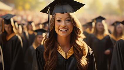 Wall Mural - education, graduation and people concept - group of smiling students in mortarboard and bachelor gowns. happy graduate girl in cap and gown with diploma at graduation ceremony outdoors. happy students