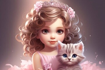 illustration with a cute little princess.kitten baby