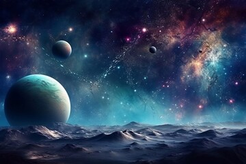  
Space scene with planets, stars and galaxies. Panorama. Horizontal view for a glass panels