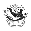 Bird in the Nest doodle illustration. Cute hand drawn cuckoo inside nest. Black line art vector with flowers and dots. Childish print. Wildlife forest animal for card, spring and summer design