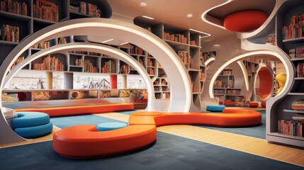 Modern library oasis: vibrant children's section, colorful reading nooks, and interactive learning spaces inspiring a passion for reading and exploration