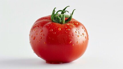 Red fresh tomato on a white background. Red vegetable closeup with water drops on it