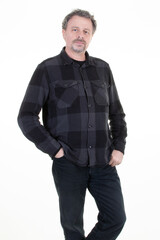 Poster - Portrait handsome smiling man middle aged in checkered sleeved shirt cotton flannel isolated on white background