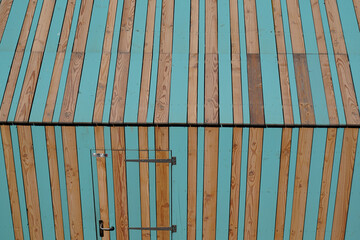 Sticker - Vintage blue beach wood background wooden plank painted in turquoise roof and wall of a wooden hut in sea color