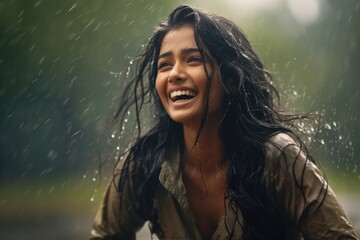 Wall Mural - Portrait of a joyful young woman of Indian ethnicity having long flowing hair getting wet in the rain