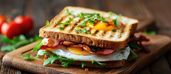 Sticker - Fresh and healthy toasted sandwich with eggs and bacon, made from fresh ingredients.