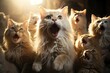Group of funny funny cats on their hind legs with open mouths singing in chorus, cat concert